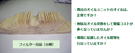 貴社のオイルユニットのオイルは、正常ですか？
　　　無駄なオイル交換をして整備コストが多くなっていませんか？
　　　環境に配慮したオイル管理を行なっていますか？